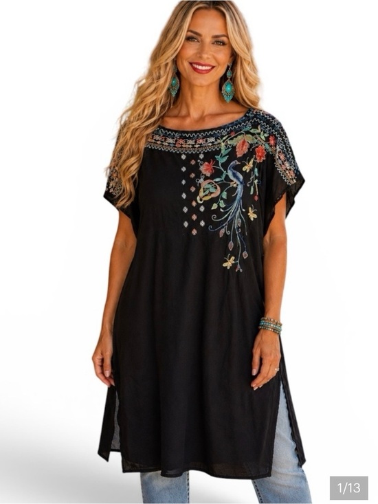 Johnny Was Tops - Johnny Was Dahlia Black Embroidered Peacock Floral Split Hem Boho Tunic 3X~NWOT